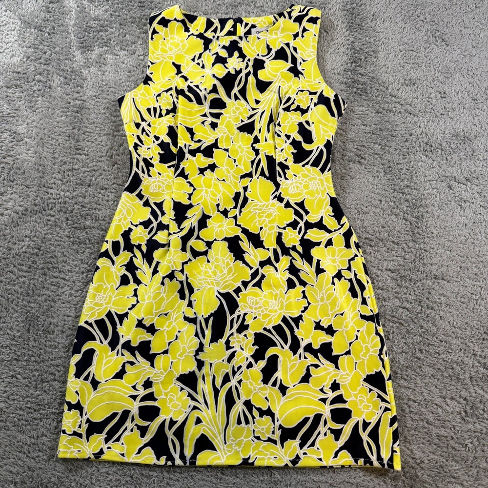 Shelby & Palmer Dress Size 6 Yellow Navy Blue Floral Sleeveless Sheath Crew Neck